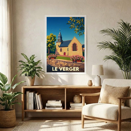 Affiche souvenir de la ville de Le Verger avec une illustration stylisée de son église sous un ciel bleu.