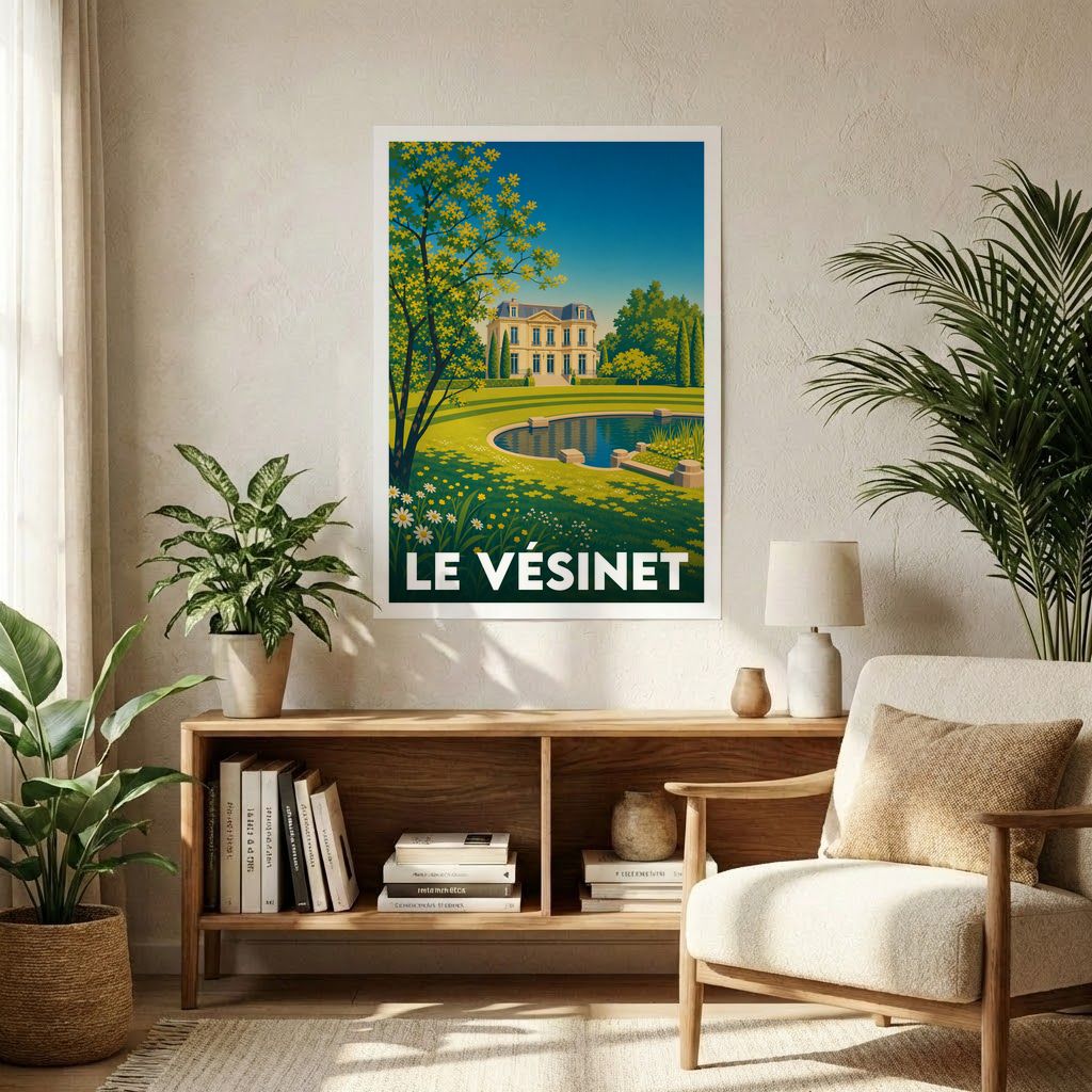 Affiche souvenir de la ville de Le Vésinet avec une illustration stylisée d'un manoir et de ses jardins.
