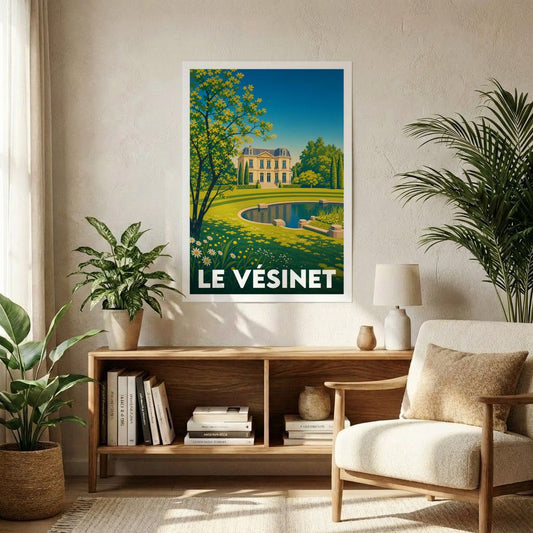 Affiche souvenir de la ville de Le Vésinet avec une illustration stylisée d'un manoir et de ses jardins.