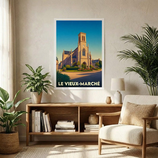 Affiche souvenir de la ville de Le Vieux-Marché avec une illustration stylisée de son église sous un ciel azur.