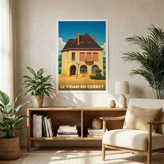 Affiche souvenir de la ville de Le Vigan-en-Quercy avec une illustration stylisée d'un bâtiment typique.