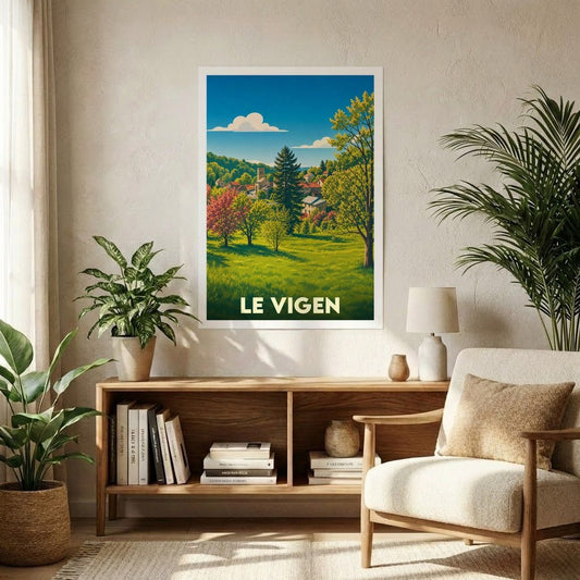 Affiche souvenir de la ville du Vigen avec une illustration paysagère stylisée.