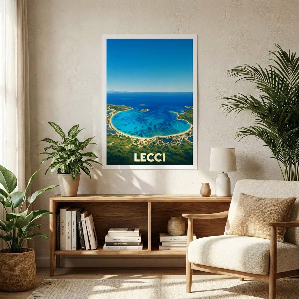 Affiche souvenir de la ville de Lecci représentant une vue aérienne stylisée de sa côte et de ses eaux turquoise.