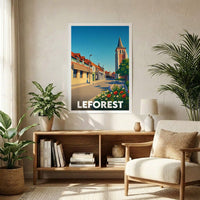 Affiche souvenir de la ville de Leforest avec une illustration stylisée et colorée.