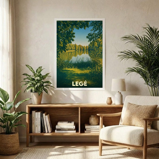 Affiche souvenir de la ville de Legé avec une illustration stylisée d'un lac bordé de végétation.