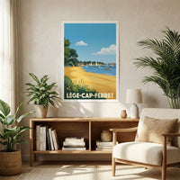 Affiche souvenir de la ville de Lège-Cap-Ferret avec une illustration stylisée de son paysage côtier.
