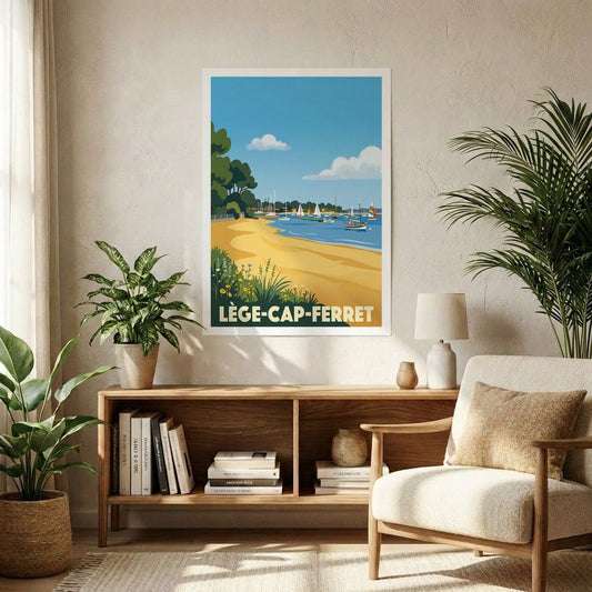 Affiche souvenir de la ville de Lège-Cap-Ferret avec une illustration stylisée de son paysage côtier.
