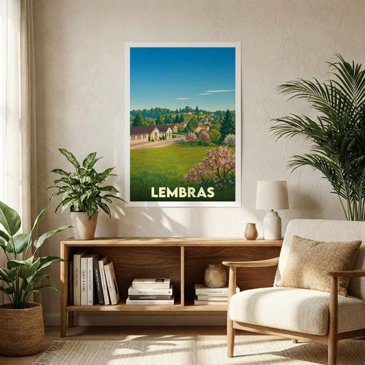 Affiche souvenir de la ville de Lembras représentant un paysage rural illustré dans un style vintage.