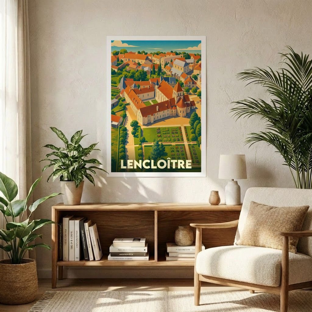 Affiche souvenir de la ville de Lencloître avec une illustration stylisée vue du ciel.