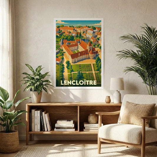 Affiche souvenir de la ville de Lencloître avec une illustration stylisée vue du ciel.