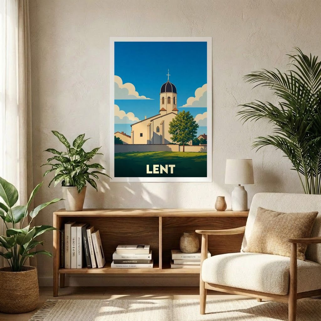 Affiche souvenir de la ville de Lent représentant une église sous un ciel bleu dans un style graphique épuré.