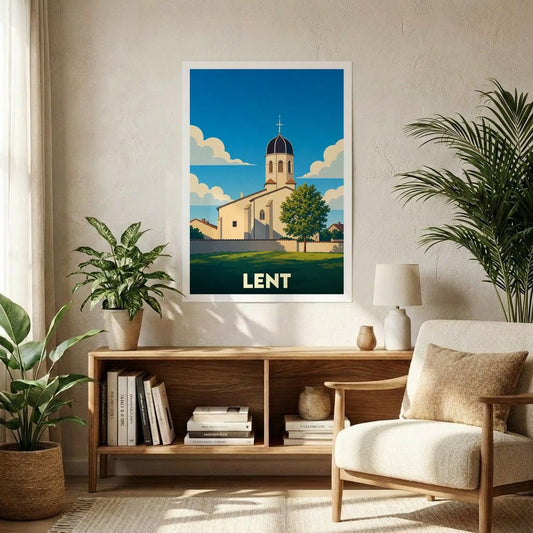 Affiche souvenir de la ville de Lent représentant une église sous un ciel bleu dans un style graphique épuré.