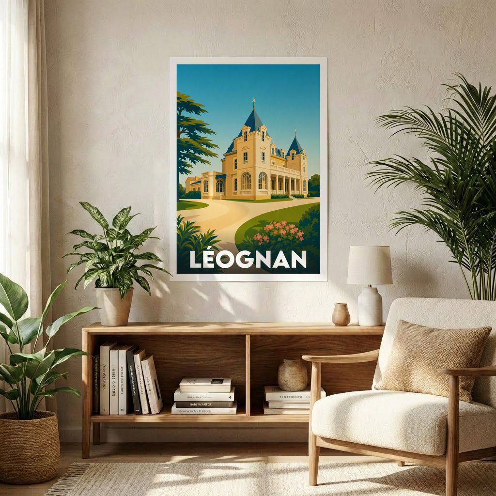 Affiche souvenir de la ville de Léognan illustrant un château majestueux dans un style graphique rétro.