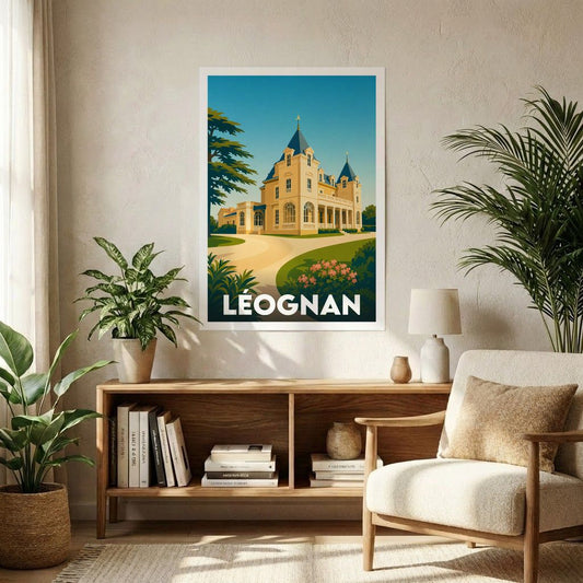 Affiche souvenir de la ville de Léognan illustrant un château majestueux dans un style graphique rétro.