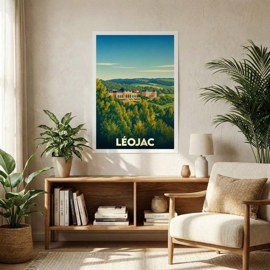 Affiche souvenir de la ville de Léojac avec une illustration stylisée de son paysage et de son patrimoine.