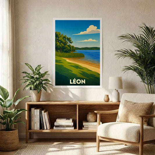 Affiche souvenir de la ville de Léon avec une illustration stylisée de son lac et de sa forêt.
