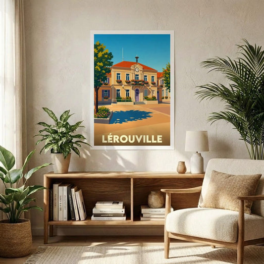Affiche souvenir de la ville de Lérouville avec une illustration stylisée de son hôtel de ville.