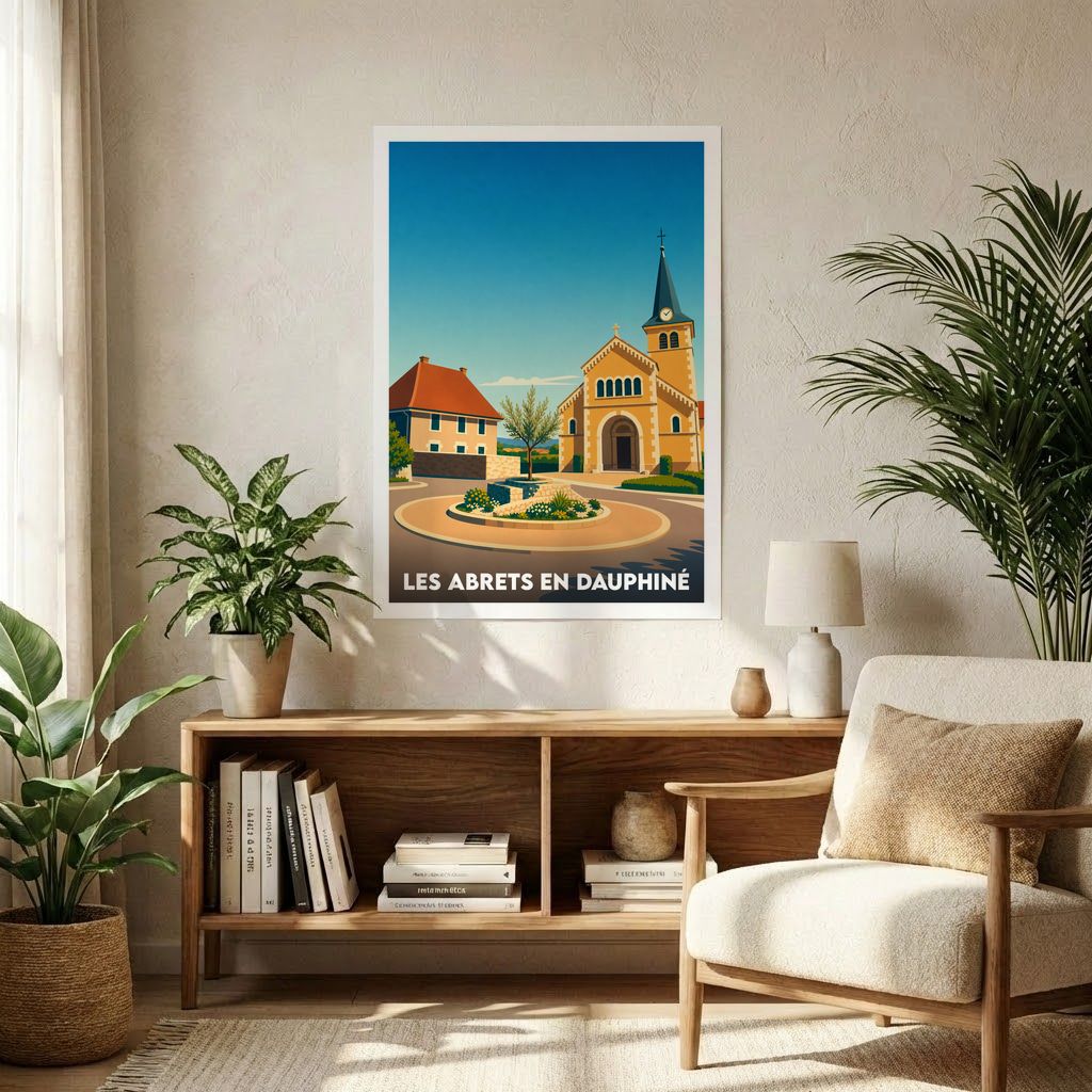 Affiche souvenir de la ville de Les Abrets en Dauphiné avec une illustration stylisée.