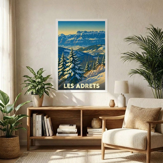 Affiche souvenir de la ville de Les Adrets représentant un paysage de montagne enneigé dans un style graphique rétro.