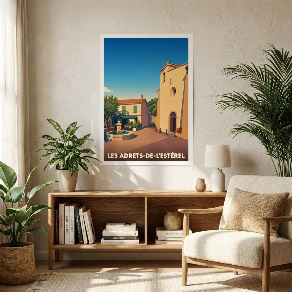 Affiche souvenir de la ville de Les Adrets-de-l'Estérel avec une illustration stylisée.