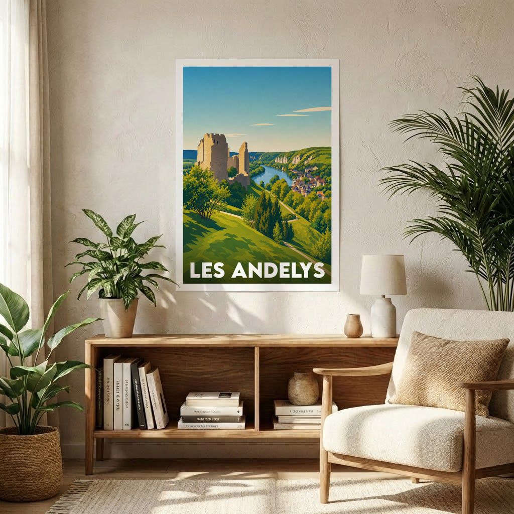 Affiche souvenir de la ville de Les Andelys représentant une illustration stylisée du Château-Gaillard surplombant la Seine.