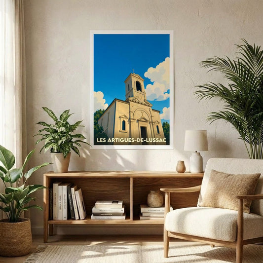 Affiche souvenir de la ville de Les Artigues-de-Lussac avec une illustration stylisée d'une église sous un ciel bleu.