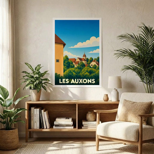 Affiche souvenir de la ville de Les Auxons avec une illustration stylisée et colorée de ses paysages.