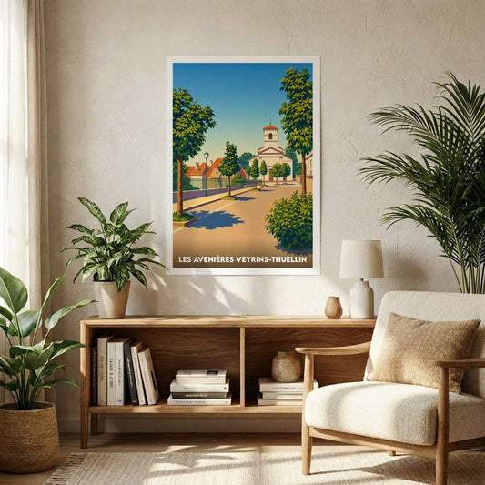 Affiche souvenir de la ville de Les Avenières Veyrins-Thuellin avec une illustration stylisée d'une rue menant à une église.