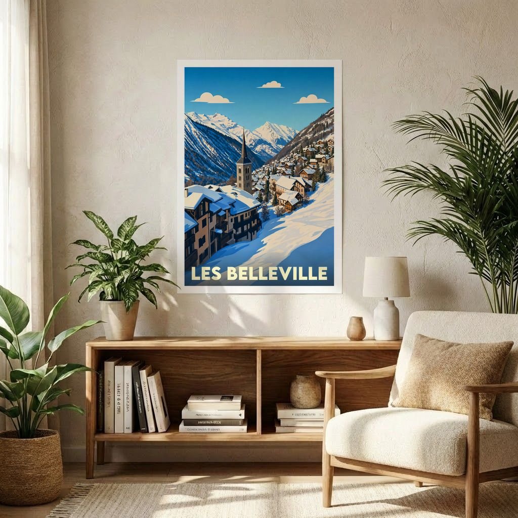 Affiche souvenir de la ville de Les Belleville représentant un village de montagne enneigé dans un style graphique rétro.