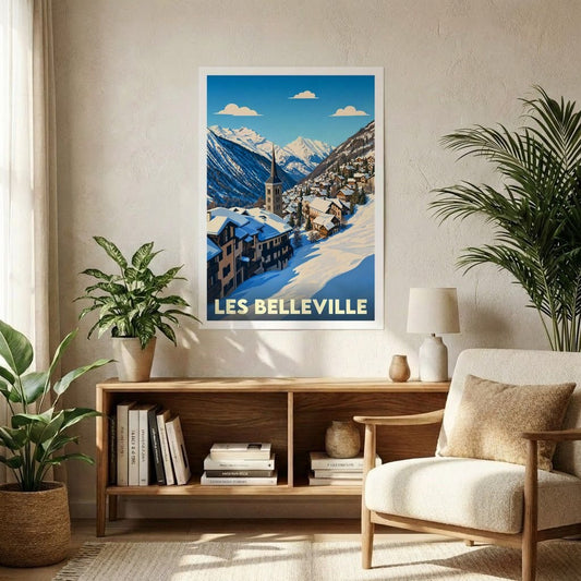 Affiche souvenir de la ville de Les Belleville représentant un village de montagne enneigé dans un style graphique rétro.