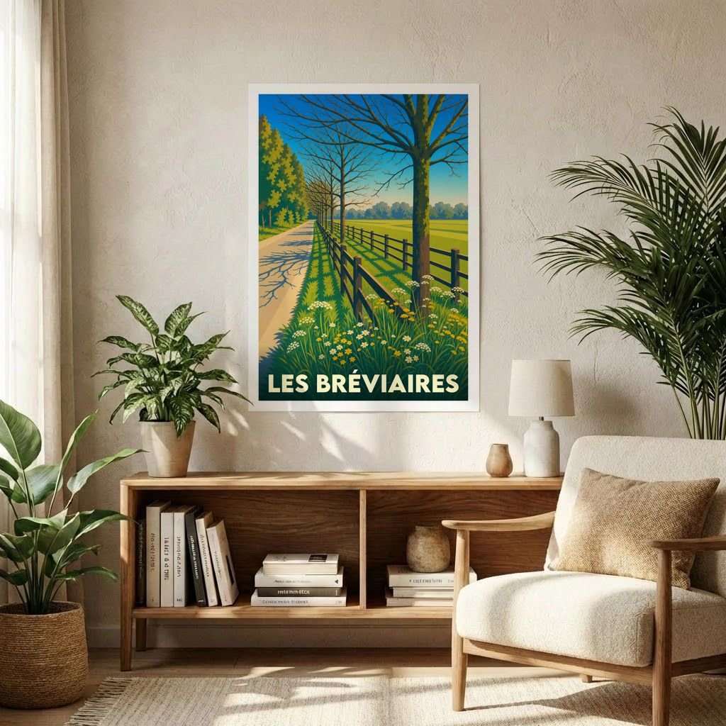 Affiche souvenir de la ville de Les Bréviaires avec une illustration stylisée d'un chemin de campagne bordé d'arbres et d'une clôture.