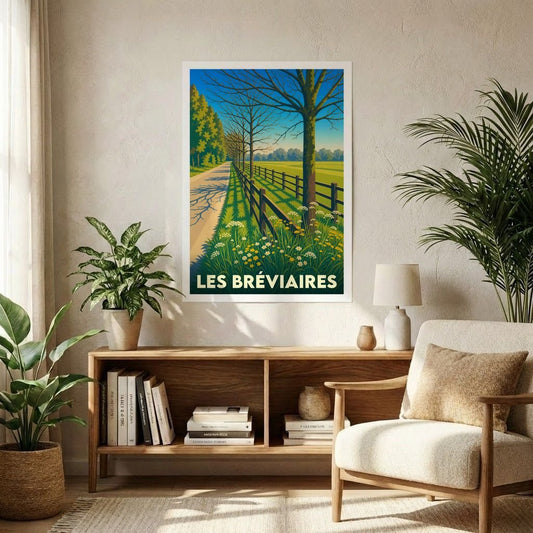 Affiche souvenir de la ville de Les Bréviaires avec une illustration stylisée d'un chemin de campagne bordé d'arbres et d'une clôture.