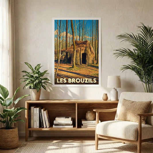 Affiche souvenir de la ville de Les Brouzils illustrant une cabane traditionnelle en forêt dans un style vintage.