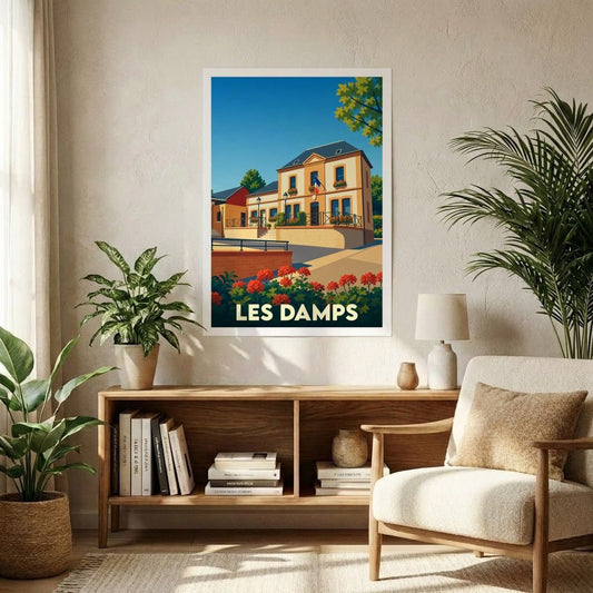 Affiche souvenir de la ville de Les Damps avec une illustration stylisée d'un bâtiment emblématique et fleuri.