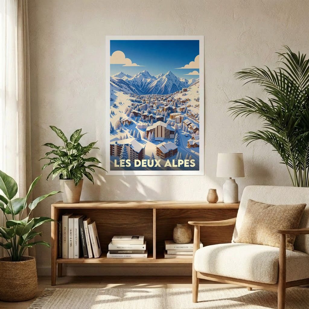 Affiche souvenir de la ville de Les Deux Alpes avec une illustration stylisée d'un village de montagne enneigé.