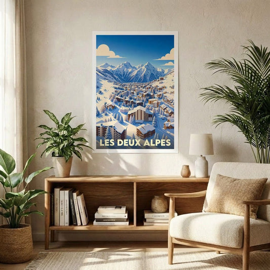 Affiche souvenir de la ville de Les Deux Alpes avec une illustration stylisée d'un village de montagne enneigé.
