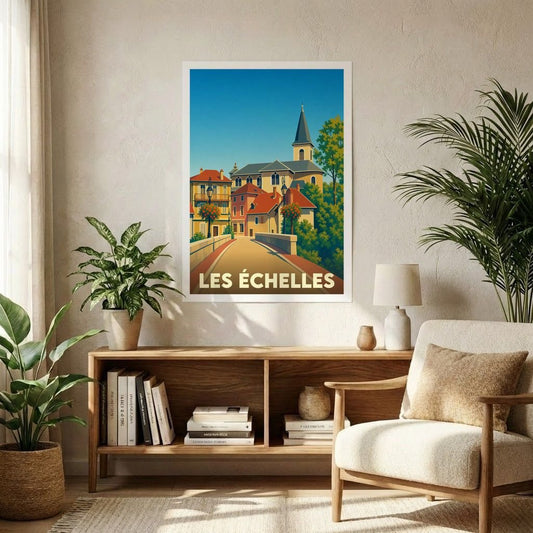 Affiche souvenir de la ville de Les Échelles avec une illustration stylisée.
