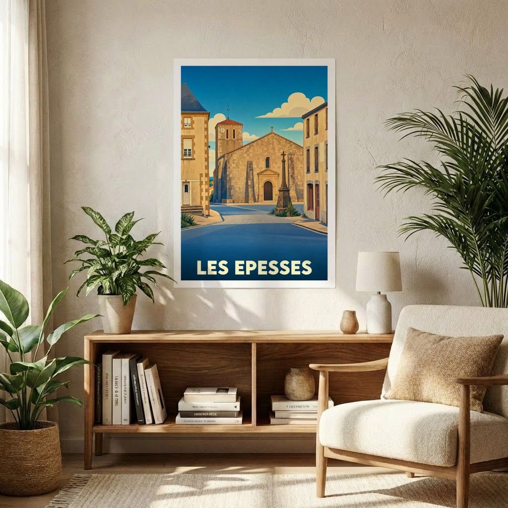 Affiche souvenir de la ville de Les Epesses avec une illustration stylisée d'une église sous un ciel azur.