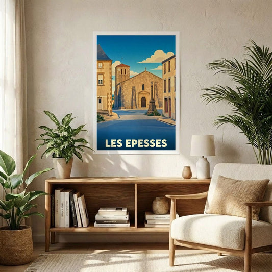 Affiche souvenir de la ville de Les Epesses avec une illustration stylisée d'une église sous un ciel azur.