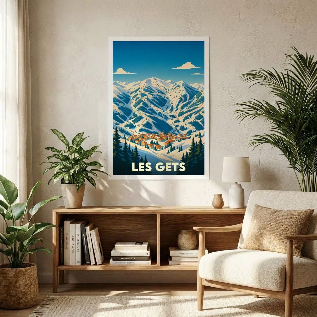 Affiche souvenir de la ville de Les Gets représentant une illustration de station de ski enneigée.