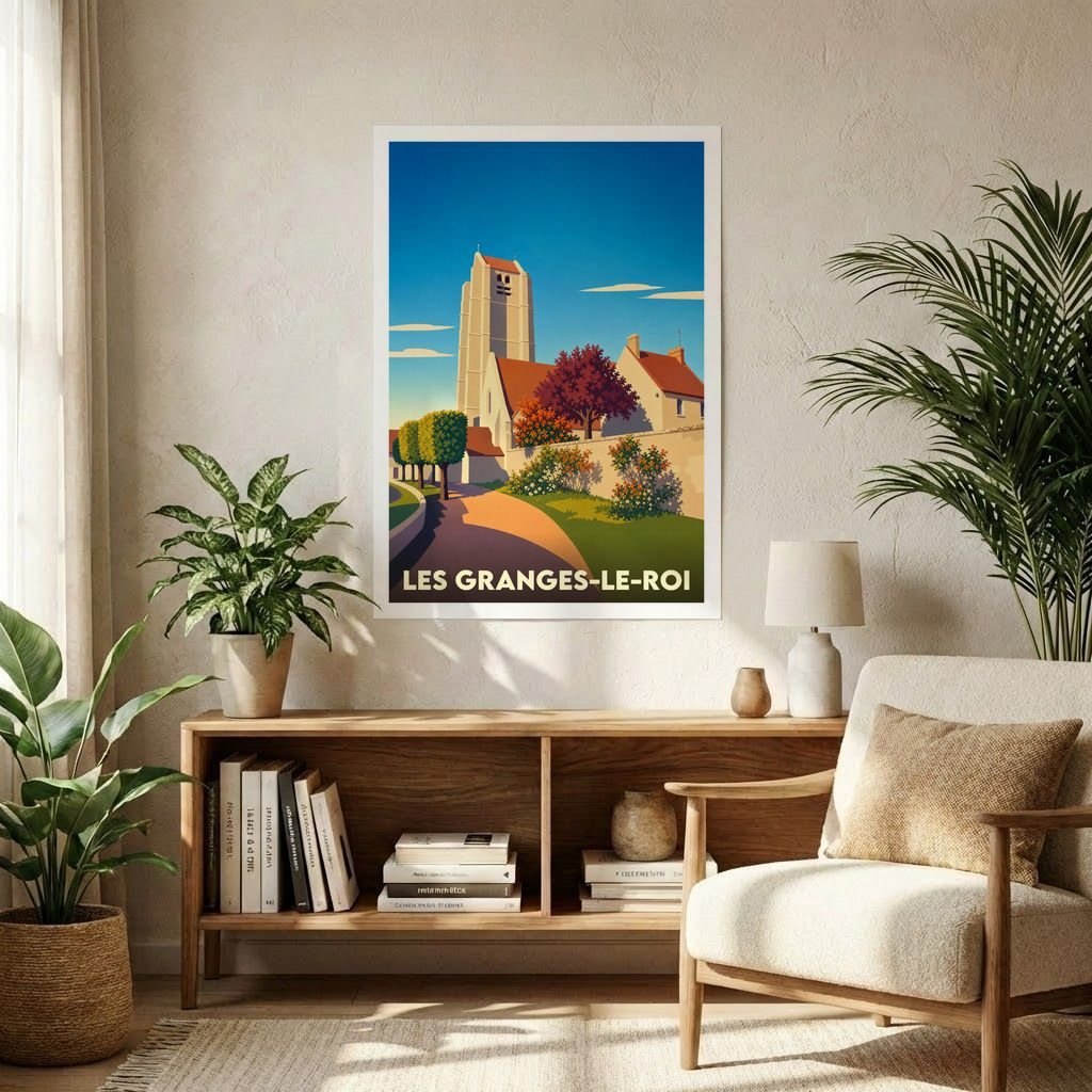Affiche souvenir de la ville de Les Granges-le-Roi avec une illustration stylisée d'un clocher et de maisons de village.