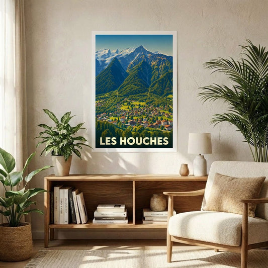 Affiche souvenir de la ville de Les Houches avec une illustration stylisée de ses montagnes et de son village.