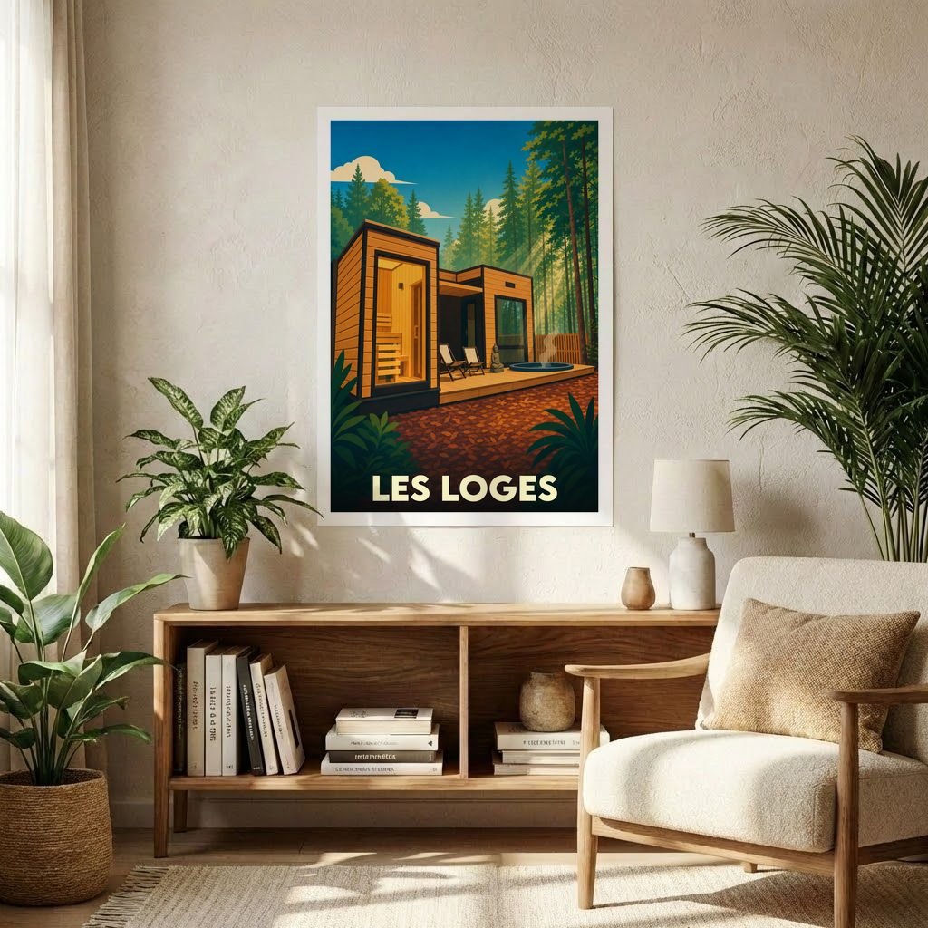 Affiche souvenir de la ville de Les Loges représentant des cabanes modernes en forêt dans un style illustré.