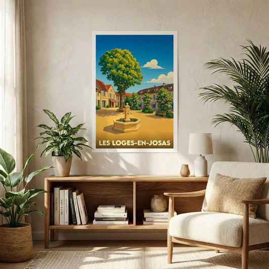 Affiche souvenir de la ville de Les Loges-en-Josas avec une illustration stylisée d'une place ensoleillée et sa fontaine.