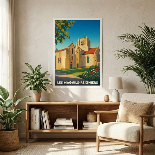 Affiche souvenir de la ville de Les Magnils-Reigniers avec une illustration stylisée de son église sous un ciel bleu.