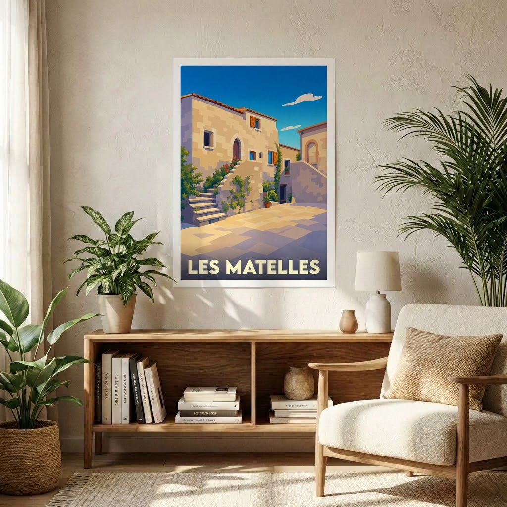Affiche souvenir de la ville de Les Matelles avec une illustration stylisée d'un village médiéval ensoleillé.