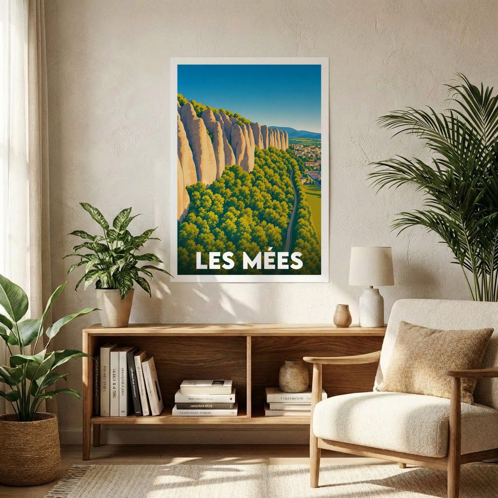 Affiche souvenir de la ville de Les Mées avec une illustration stylisée de ses célèbres rochers.