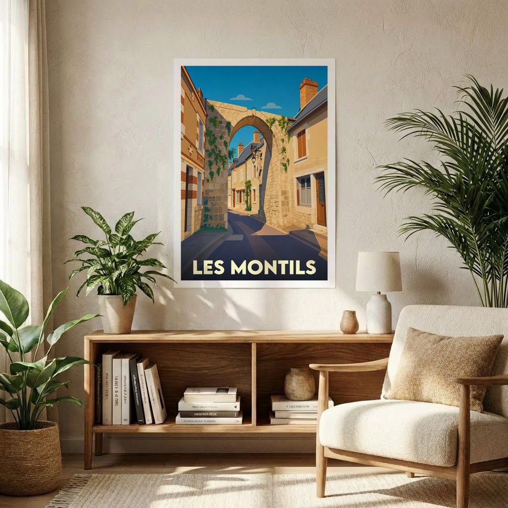 Affiche souvenir de la ville de Les Montils avec une illustration stylisée d'une arche en pierre.