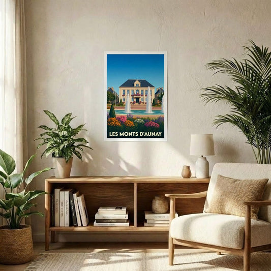 Affiche souvenir de la ville de Les Monts d'Aunay avec une illustration colorée représentant l'hôtel de ville et ses fontaines.