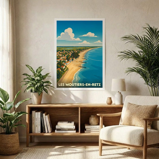 Affiche souvenir de la ville de Les Moutiers-en-Retz avec une illustration stylisée de son littoral.